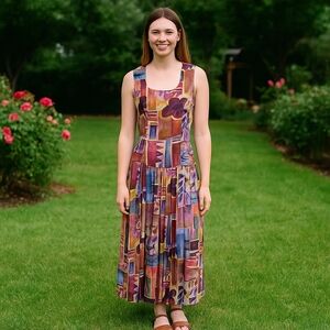 Vtg 1990s Ann Tjian for Kenar Maxi Dress Sz 6 Multicolor Drop-Waist Sheath Rayon